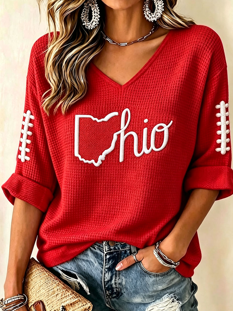 Women'S College Rugby Printed Waffle V-Neck Top
