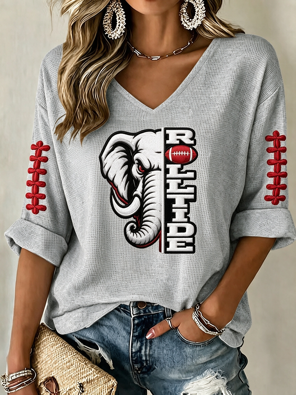 Women'S Rugby Patterned Waffle V-Neck Top