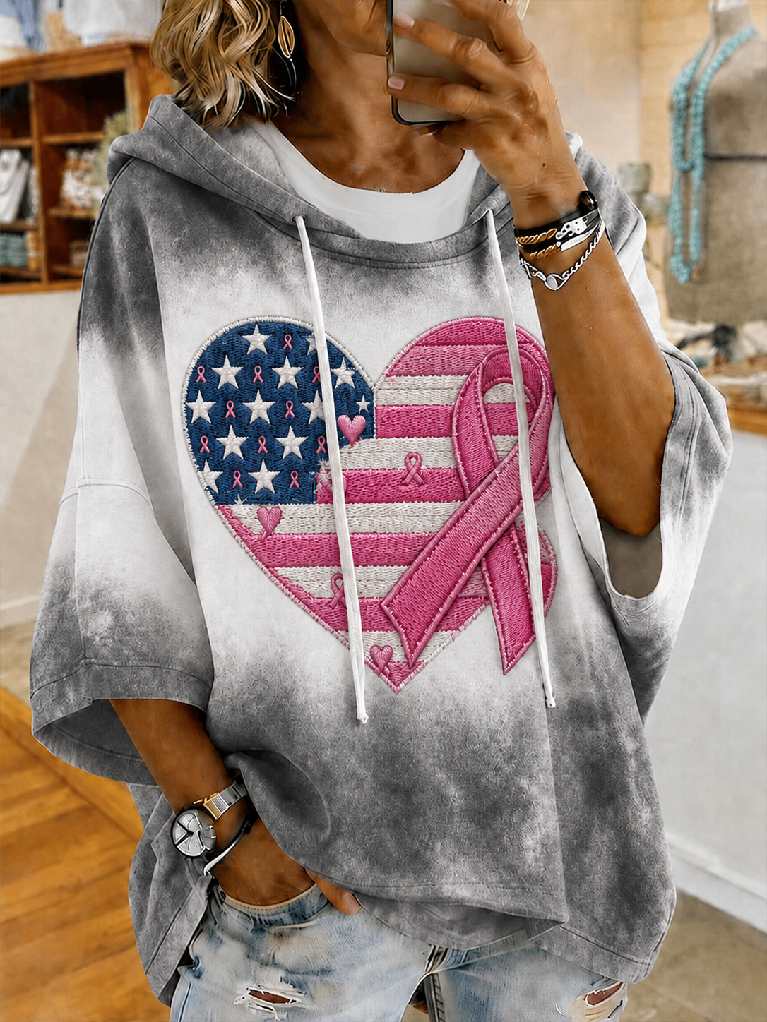 Women'S Breast Cancer Awareness Print Half Sleeve Hoodie