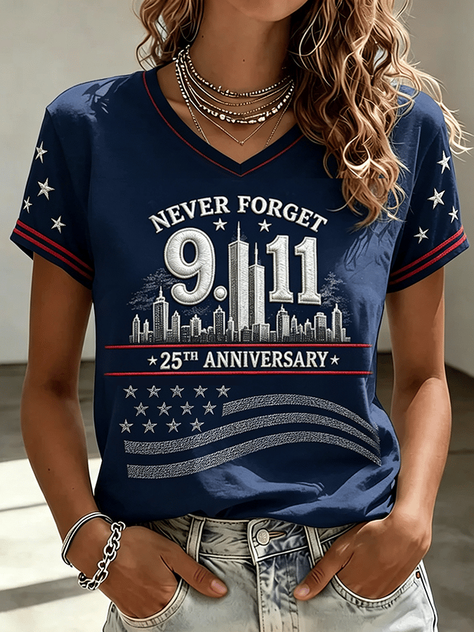 Women's "Never Forget 9/11" Pattern Comfortable V-Neck Retro T-Shirt