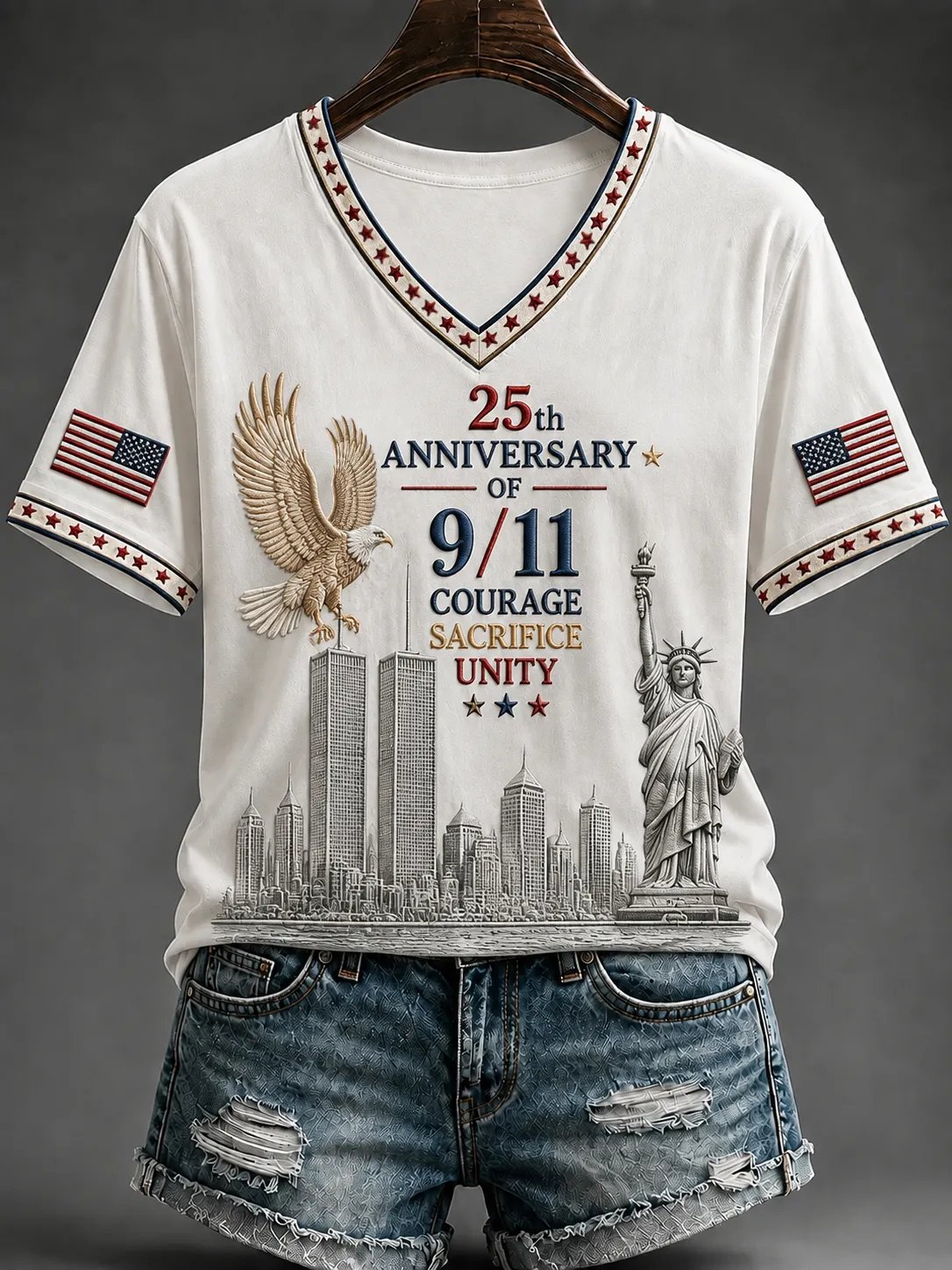 Women's "Never Forget 9/11" Pattern Comfortable V-Neck Retro T-Shirt