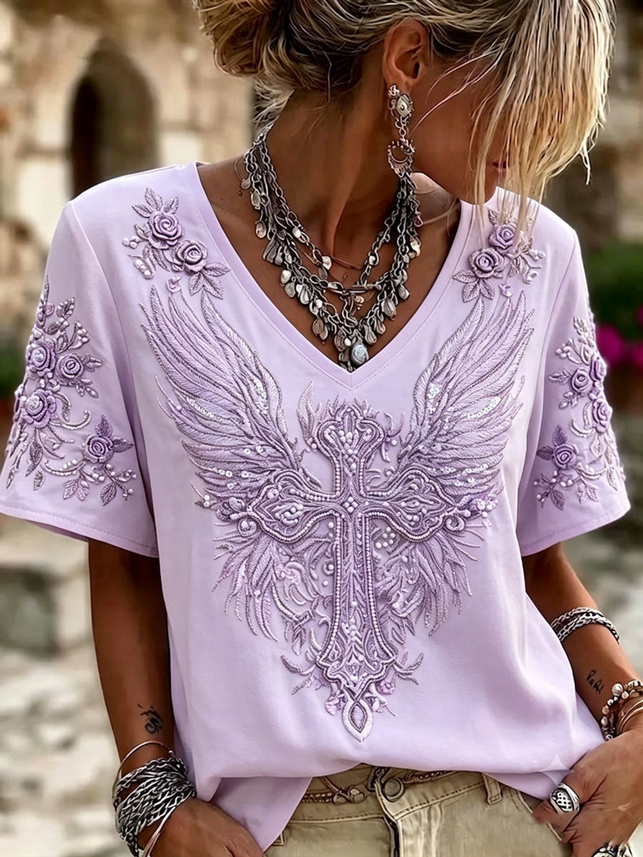Ladies' V-Neck Cotton Linen Short Sleeved Flower Wing Cross Pattern