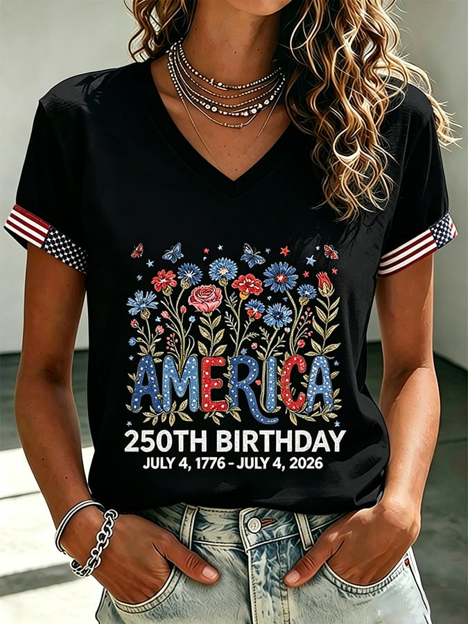 Women's 250th Anniversary  Flower Art  Print Casual V-Neck Vest