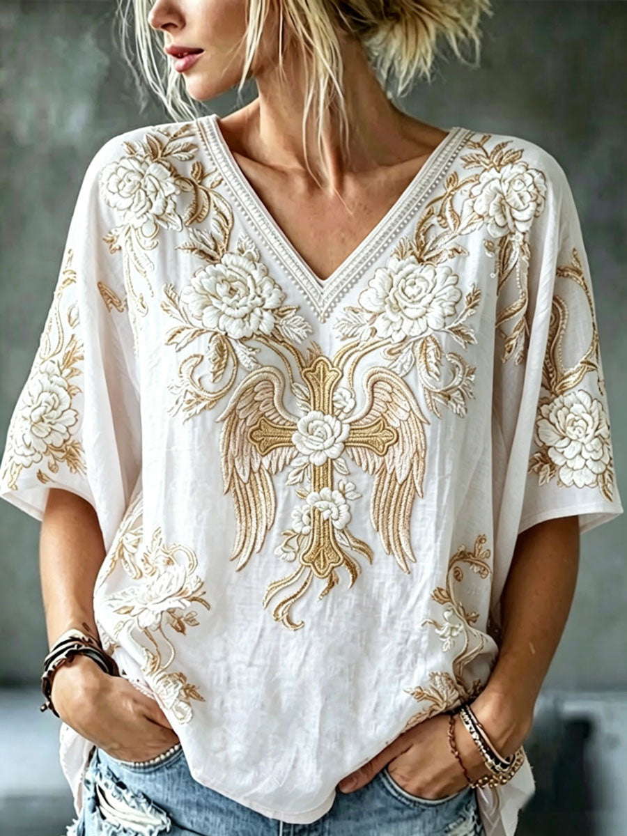 Women'S Cotton And Linen Floral Faith Casual Top