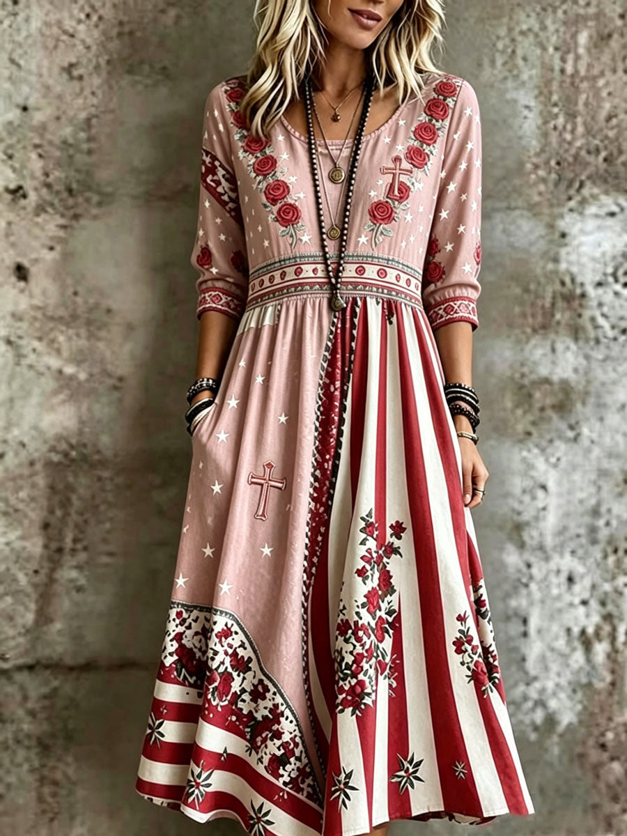 Women'S Vintage  Independence Day USA Flag  Cross Star Ombre Print Midi Dress