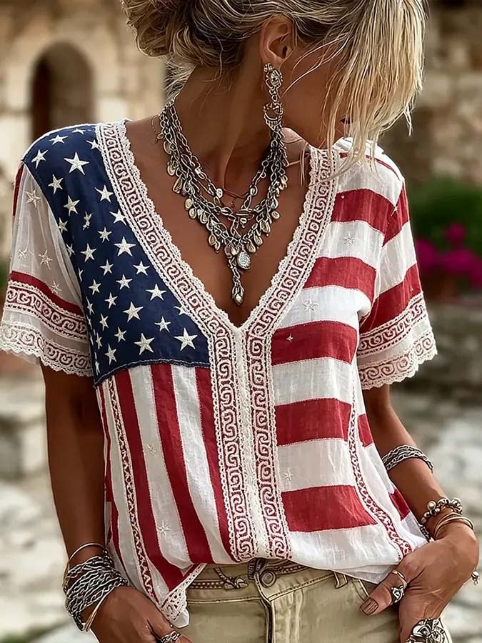 Women'S Casual Independence Day Print Top