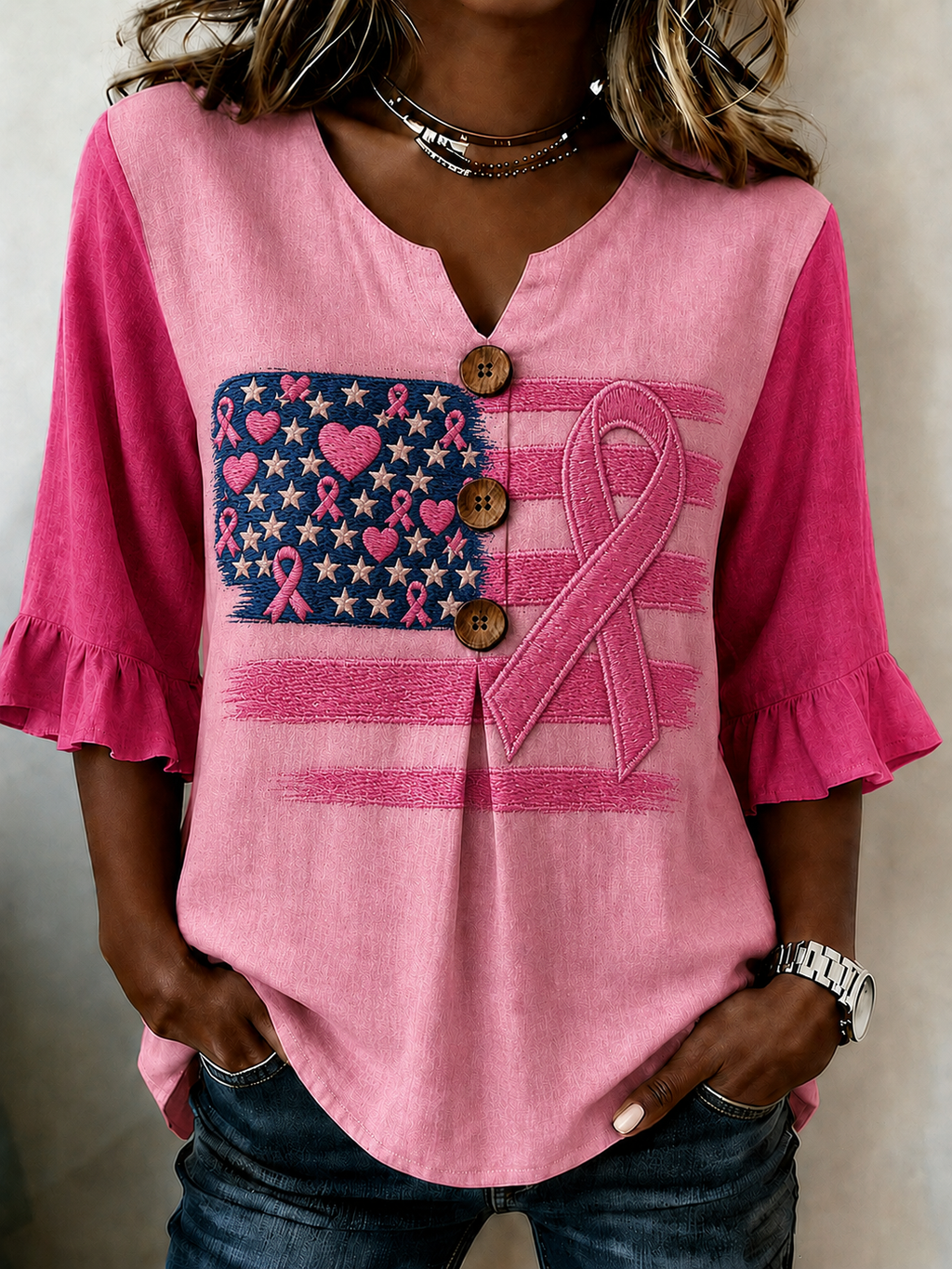 Women'S Casual National Flag Breast Cancer Awareness Propaganda Art Print Top