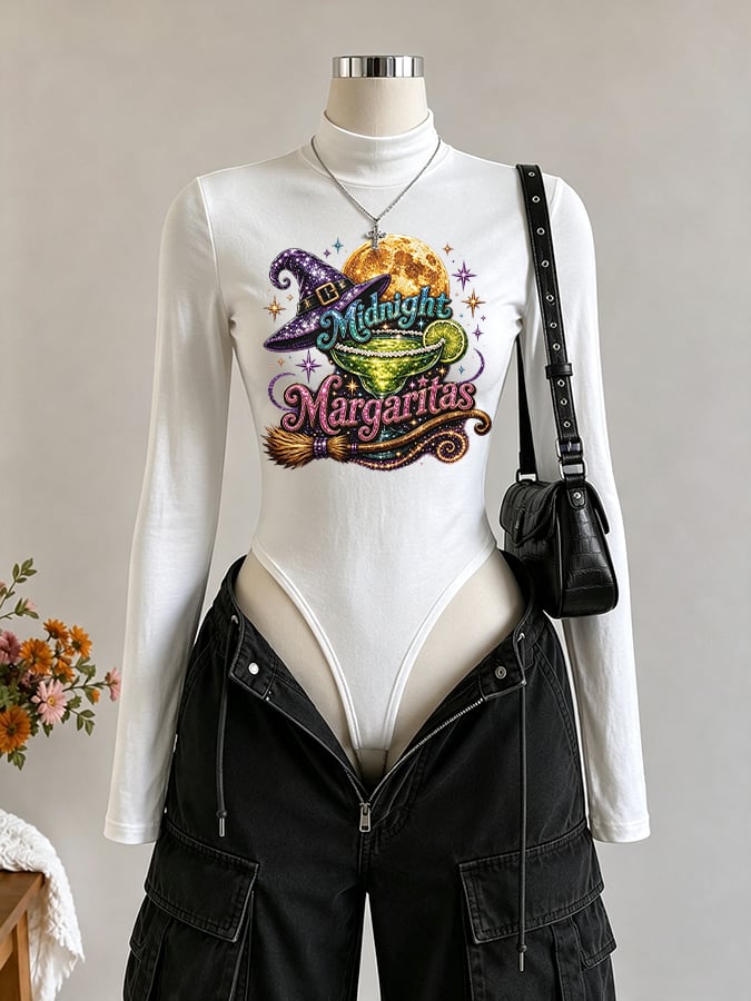 Women's Midnight Margaritas Print Long Sleeve Turtleneck Bodysuit