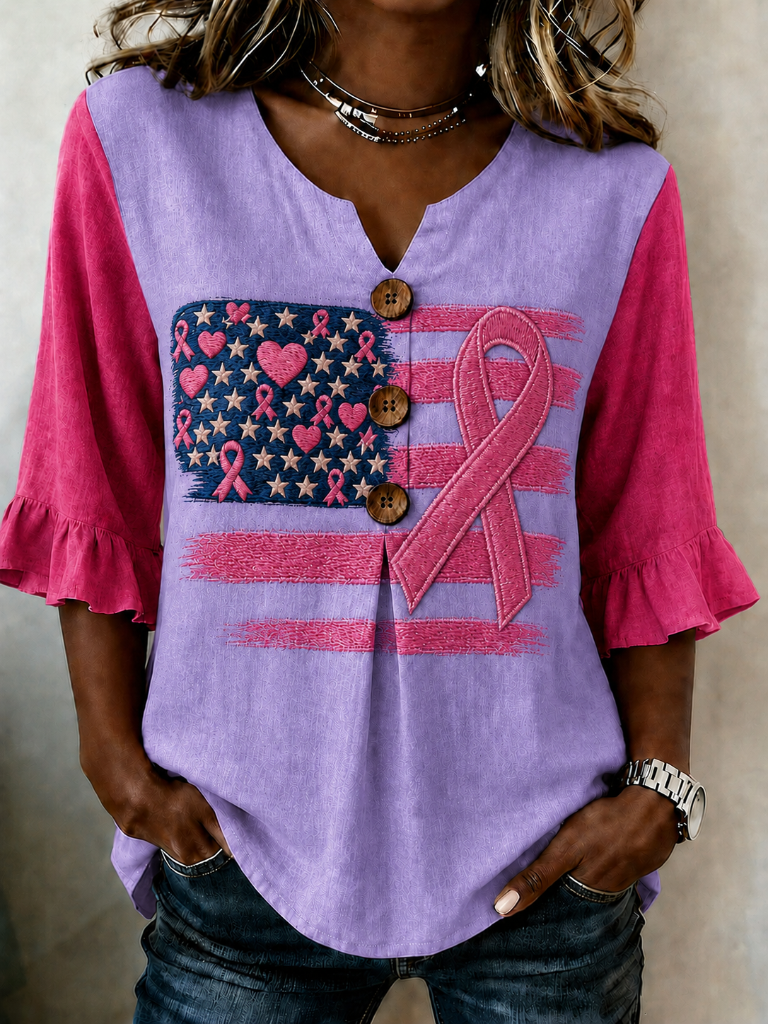 Women'S Casual National Flag Breast Cancer Awareness Propaganda Art Print Top