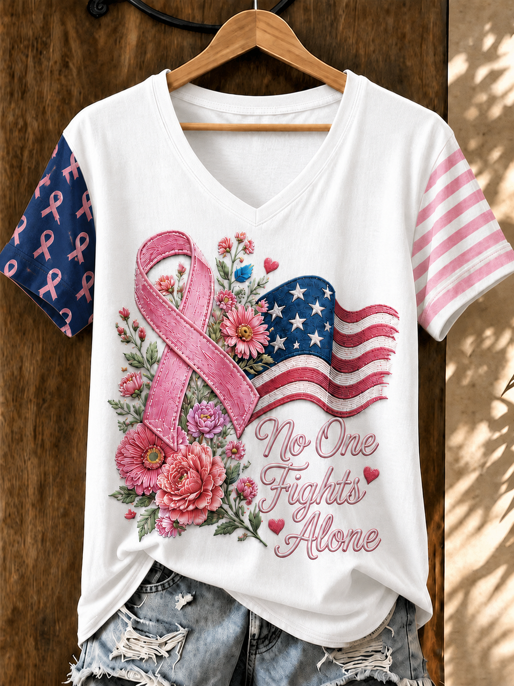 Women'S Flag Breast Cancer Awareness Print Short Sleeve T-Shirt