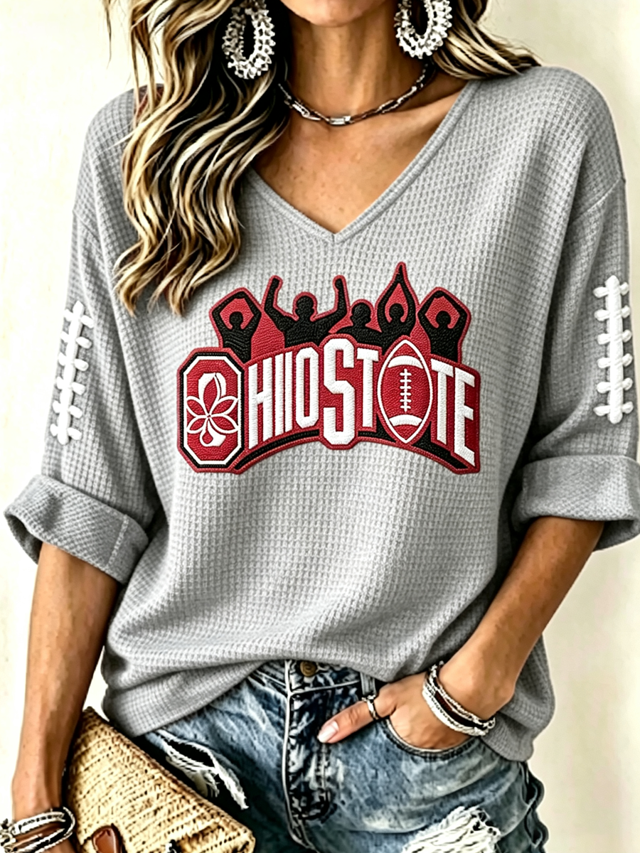 Women'S College Rugby Printed Waffle V-Neck Top