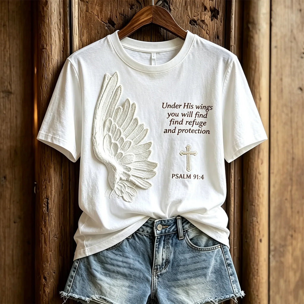 Women's Under His Wings You Will Find Refuge Wings & Cross Print short-sleeved T-shirt