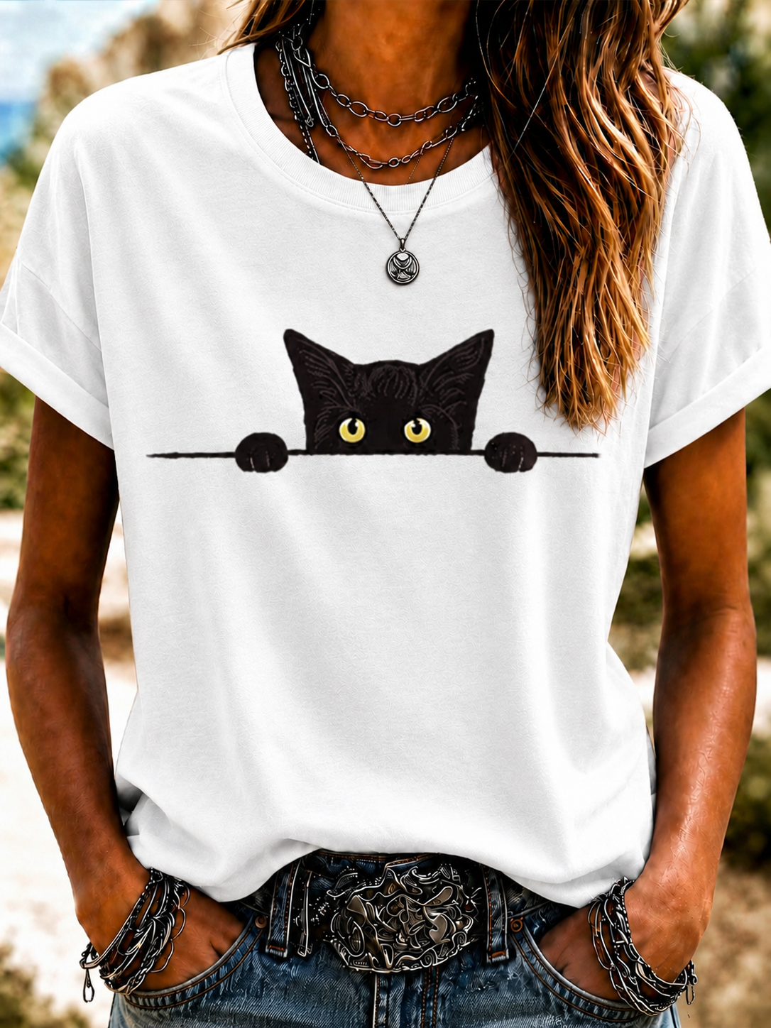 Women'S Cute Cat Art Printed Round Neck T-Shirt