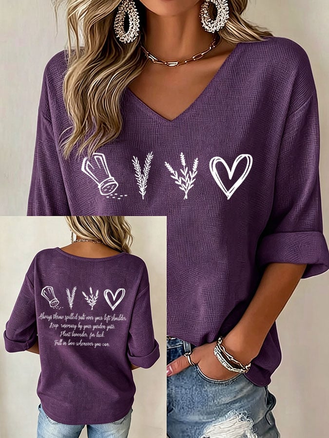 Women's Salt Rosemary Lavender Love Print V Neck Top