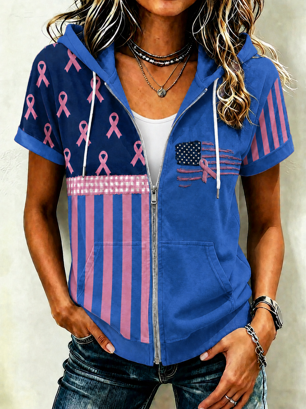 Women'S Casual Breast Cancer Awareness Promotion Prevention Printed Short Sleeved Hoodie