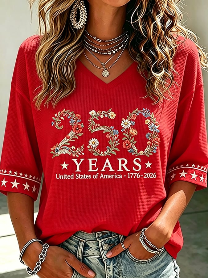 Women's 250 Years Of Freedom Flower Art Print V Neck Top