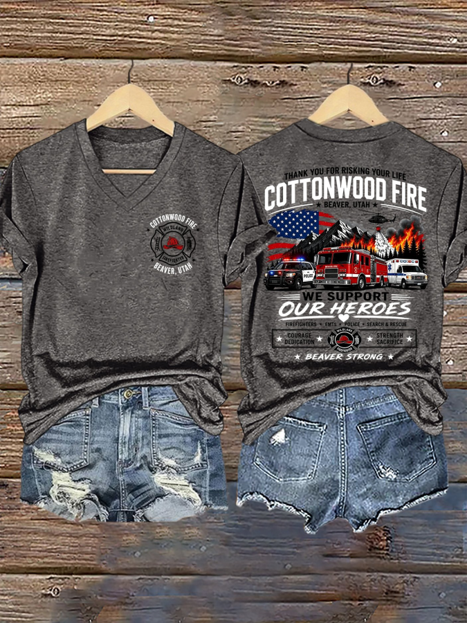 V-Neck Retro Beaver Strong Cottonwood Fire Beaver, Utah We Support Our Heroes Courage • Dedication • Strength • Sacrifice Print T-Shirt