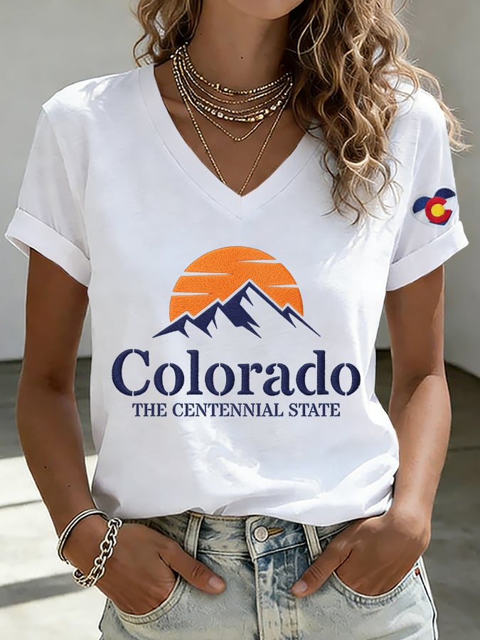 V-Neck Retro Colorado The Centennial State Print T-Shirt