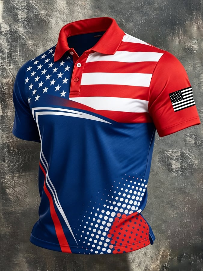 Men'S American flag Print Casual Polo Shirt
