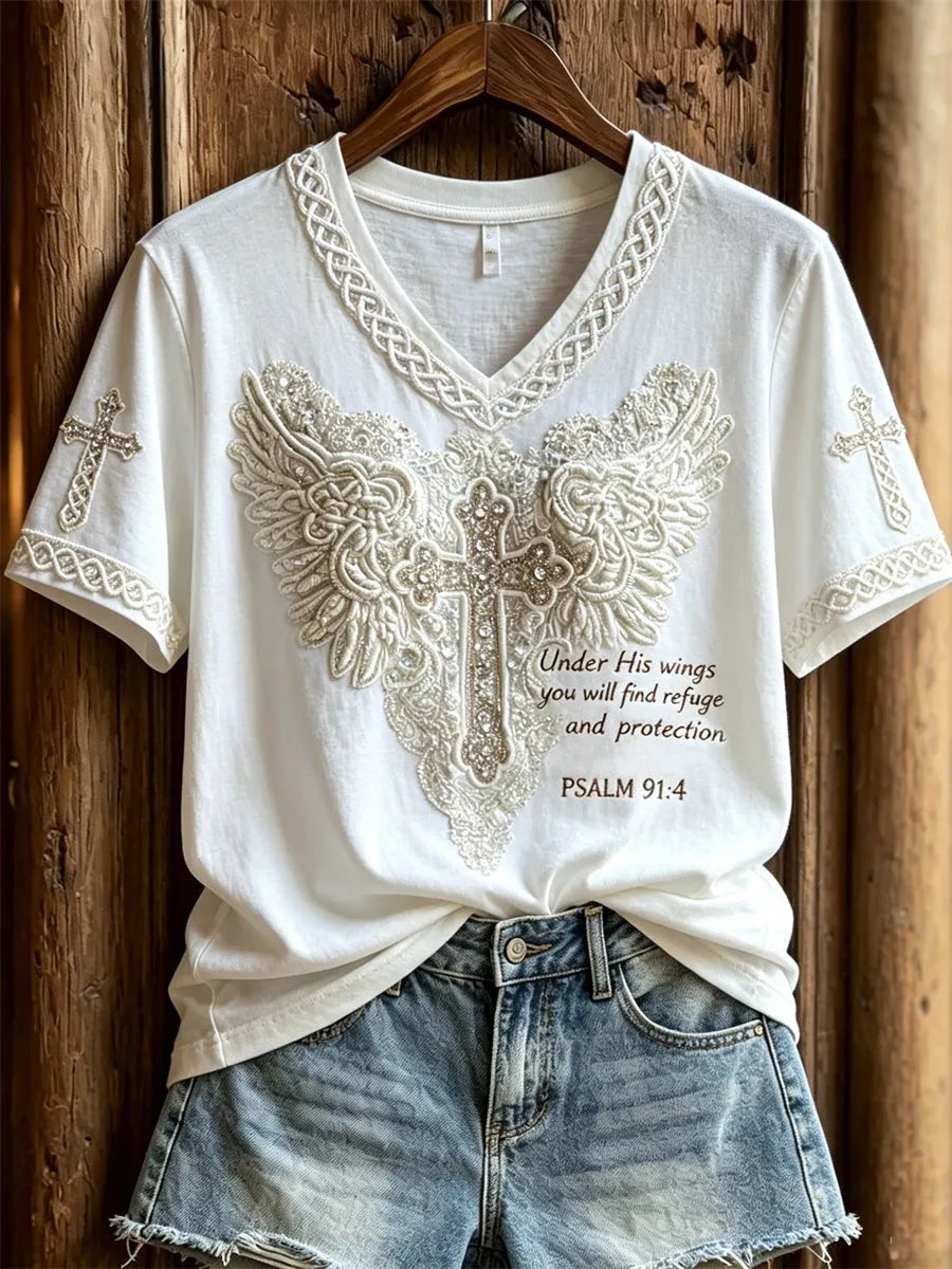 Women's Under His Wings You Will Find Refuge Cross with Wings Print short-sleeved T-shirt