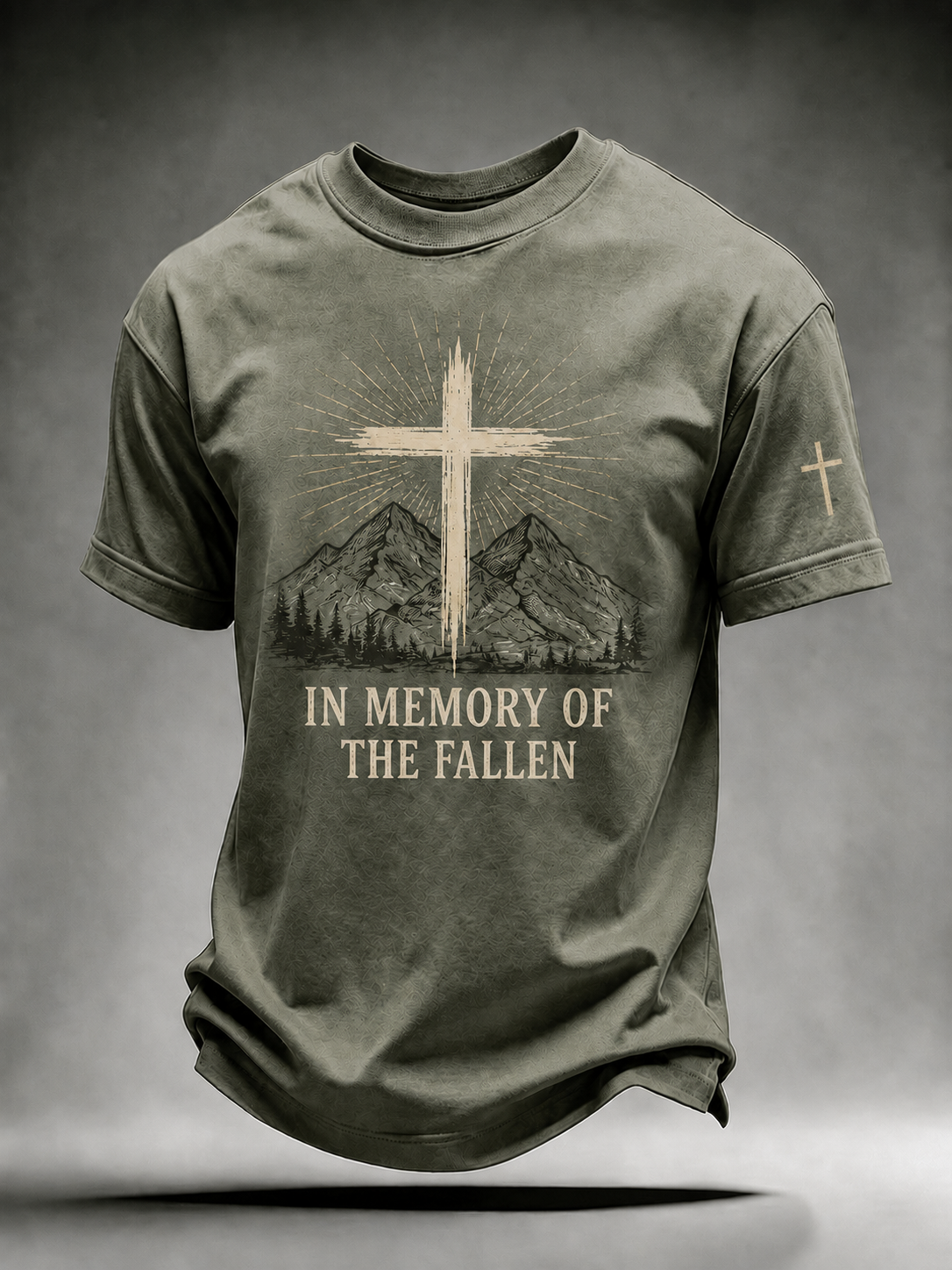 Mountain Cross In Memory Of The Fallen Short Sleeve Tee With Sleeve Cross Print
