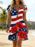 Ladies' Casual American Five-Star Flag Floral V-Neck Short Sleeved Dress