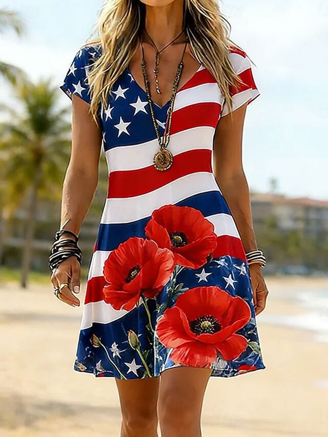 Ladies' Casual American Five-Star Flag Floral V-Neck Short Sleeved Dress