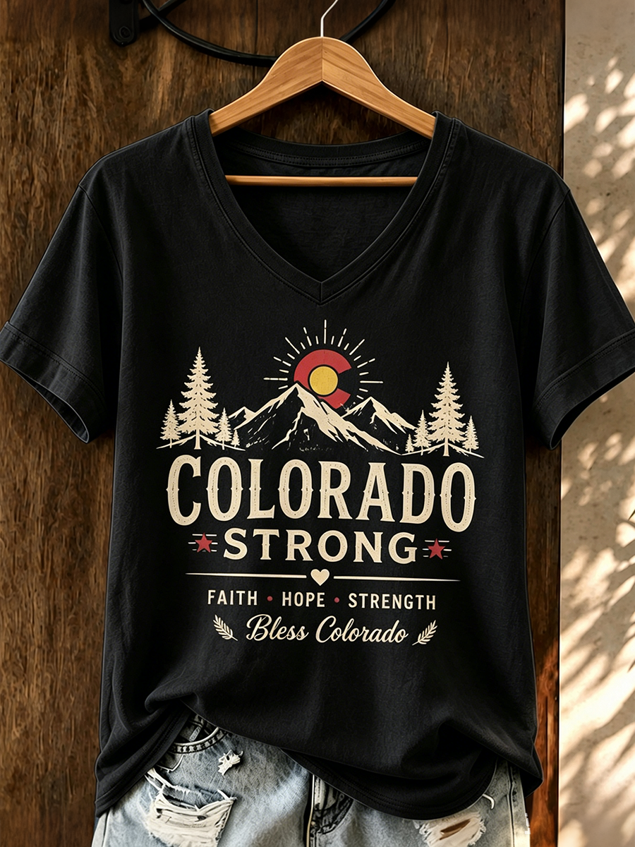 Colorado Strong Faith Hope Strength Mountain Colorado Flag Vintage V Neck Short Sleeve T-Shirt