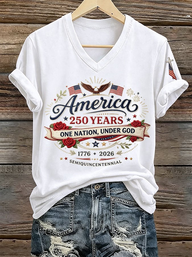 Women's America 250 Years One Nation Under God Print V Neck T-shirt