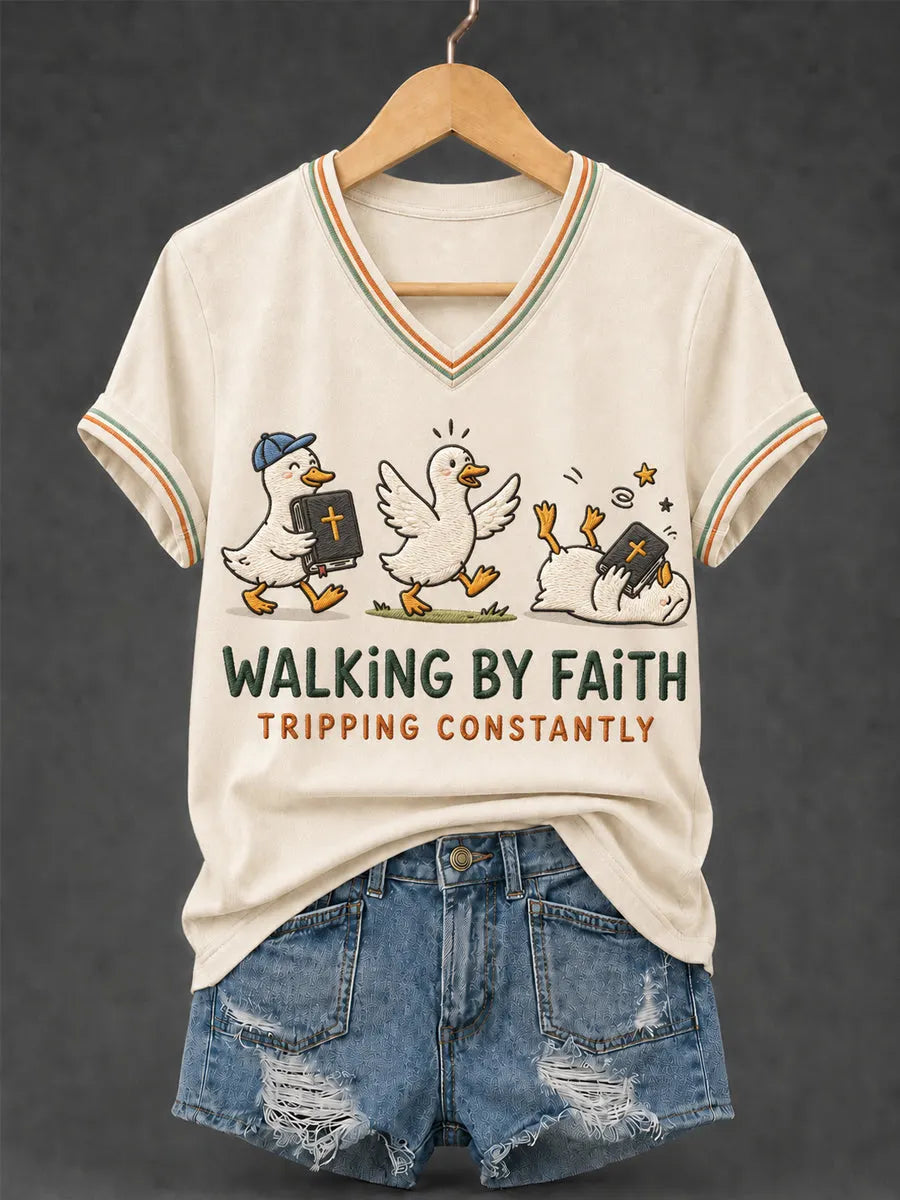 Women's Walking by Faith Tripping Constantly Goose Print Christian Inspirational V-Neck Tee