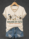 Women's Walking by Faith Tripping Constantly Goose Print Christian Inspirational V-Neck Tee