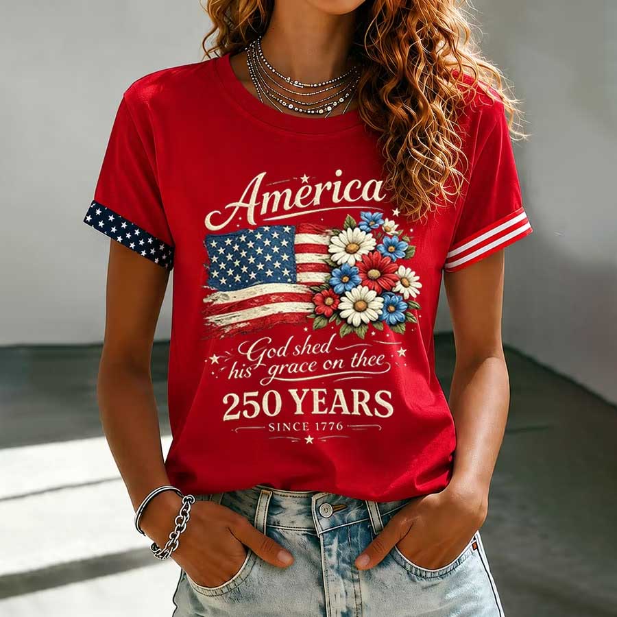 Women's Floral American Flag Printed Casual T-shirt