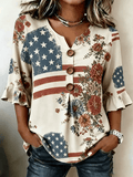 Women's Vintage Flag-Print Cotton-Linen Top