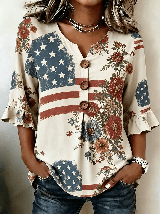 Women's Vintage Flag-Print Cotton-Linen Top