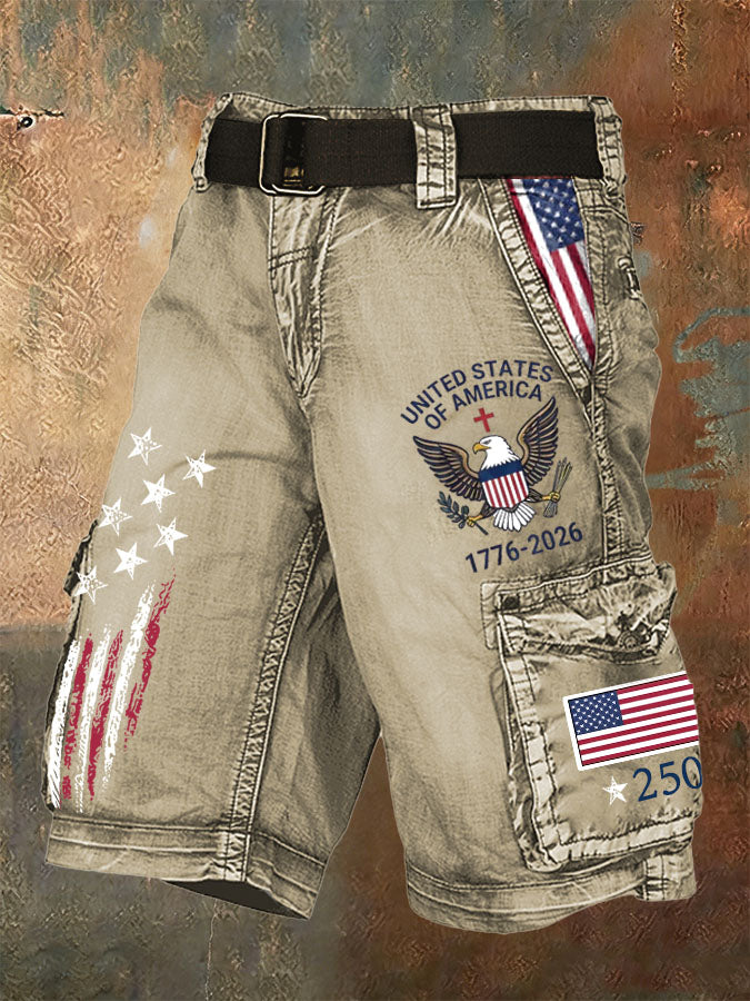 Men'S Retro Flag American Independence Day Multi Pocket Printed Workwear Shorts (Excluding Belt)