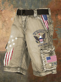 Men'S Retro Flag American Independence Day Multi Pocket Printed Workwear Shorts (Excluding Belt)