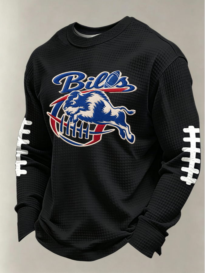Men'S Buffalo Print Football Fans Gameday Casual Waffle Long Sleeve T-Shirt
