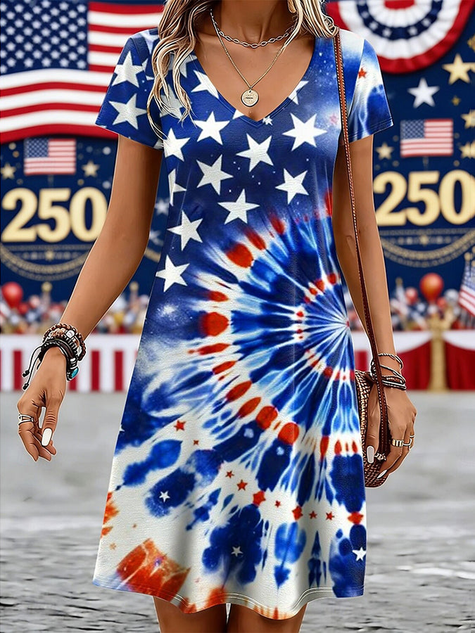 Ladies' Casual American Five-Star Flag Flower Tie Dye V-Neck Short Sleeved Dress