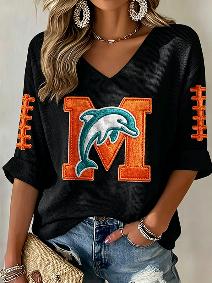 Women'S Rugby Patterned Waffle V-Neck Top