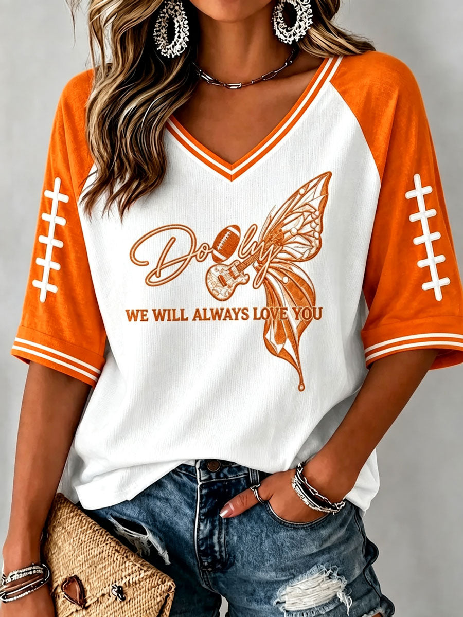 Women's Football Commemorative Printed Casual V Neck Top