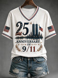 Women's "Never Forget 9/11" Pattern Comfortable V-Neck Retro T-Shirt