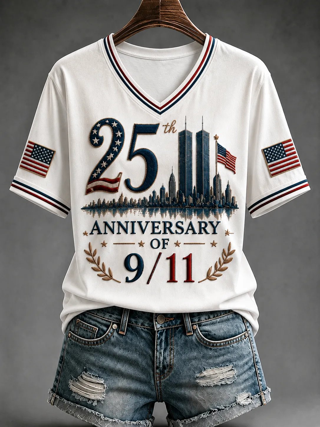 Women's "Never Forget 9/11" Pattern Comfortable V-Neck Retro T-Shirt