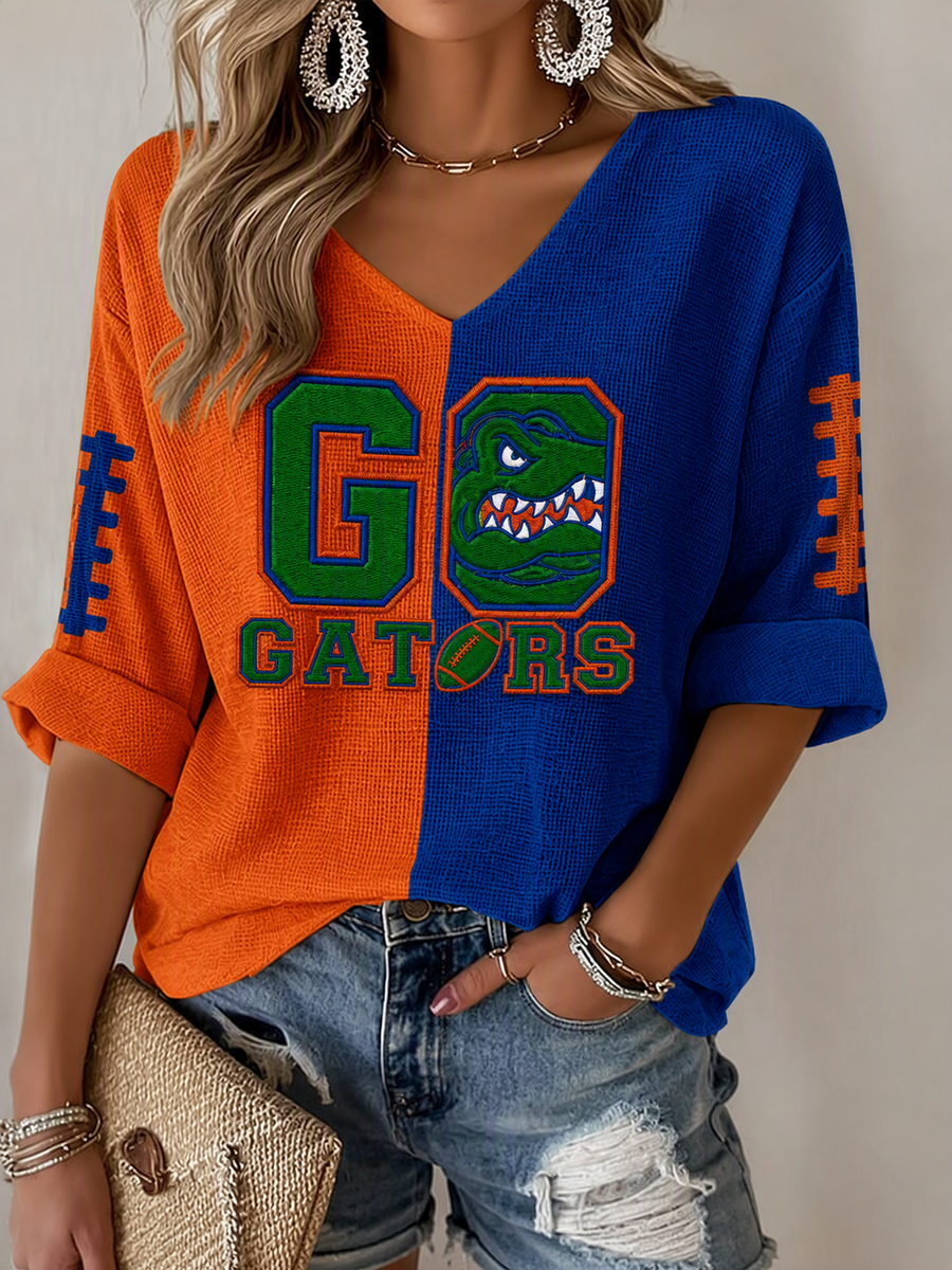 Women'S Rugby Patterned Waffle V-Neck Top