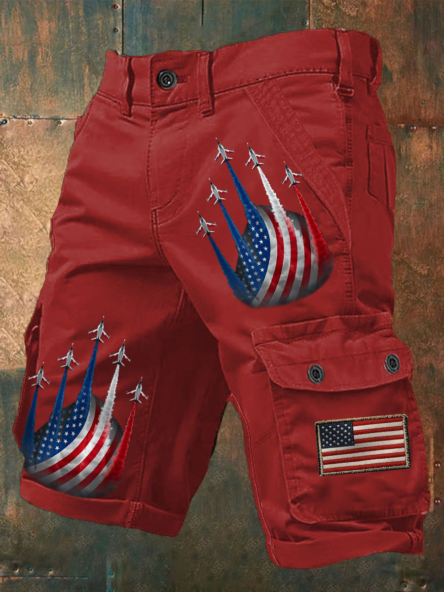 Men's Independence Day American Flag Jet Planes Print Casual Cargo Shorts