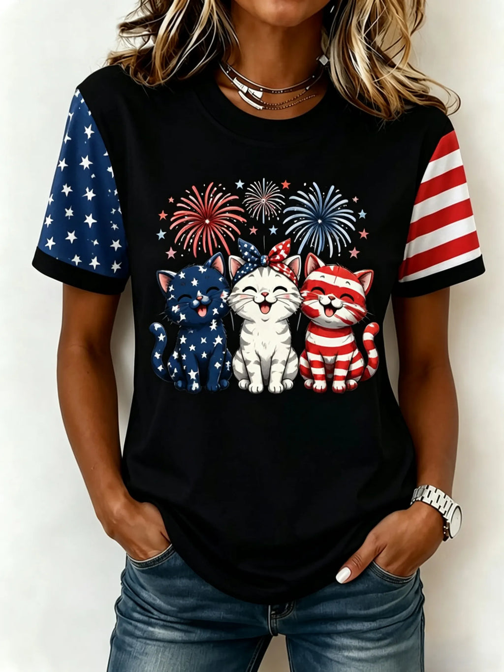 Women's American Flag Kittens Printed Casual T-shirt