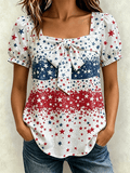 Women's Patriotic Commemorative Art Design Square Neck Retro Short Sleeve T-shirt