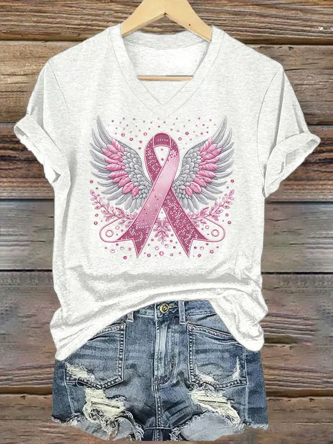 Women'S Casual Pink Ribbon Wings T-Shirt