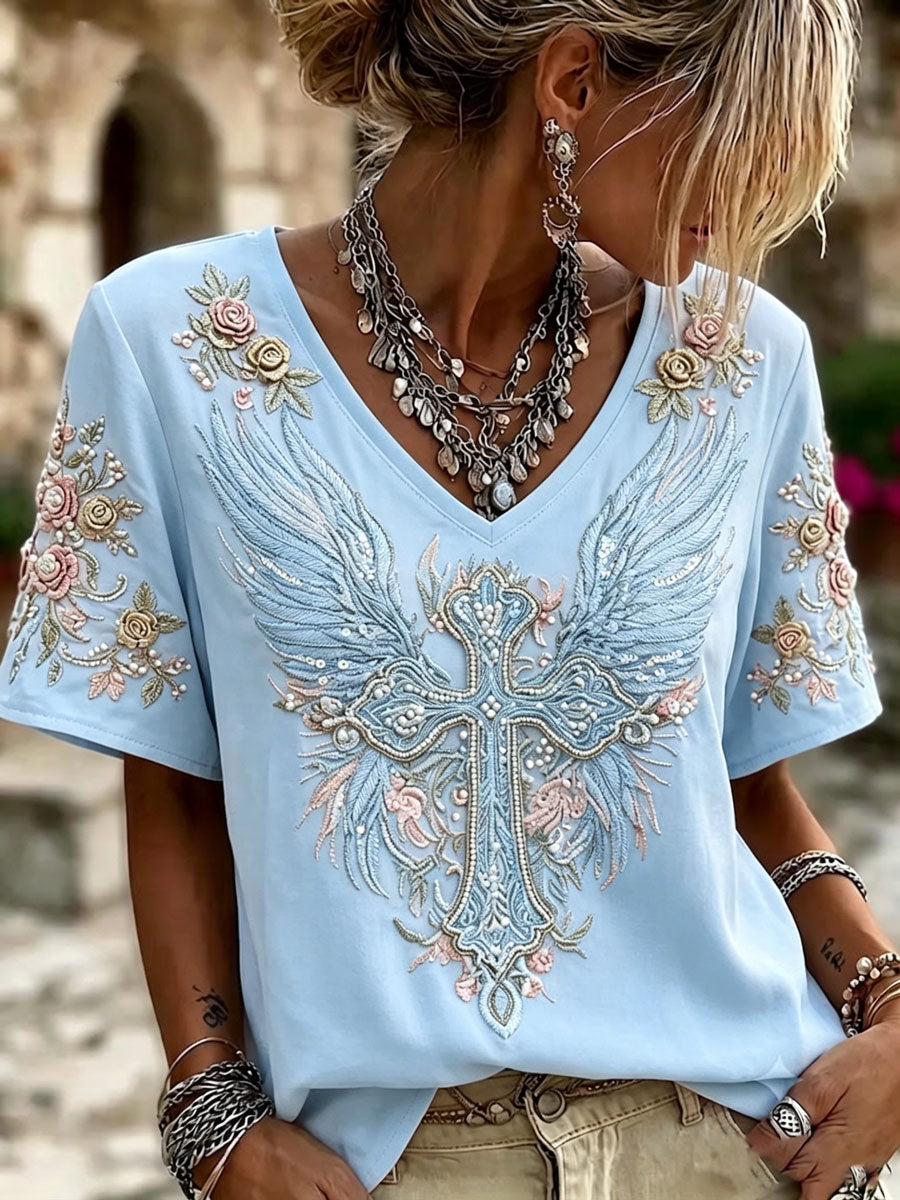 Ladies' V-Neck Cotton Linen Short Sleeved Flower Wing Cross Pattern