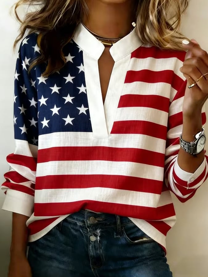 Women's Casual V-neck Patriot Print Top
