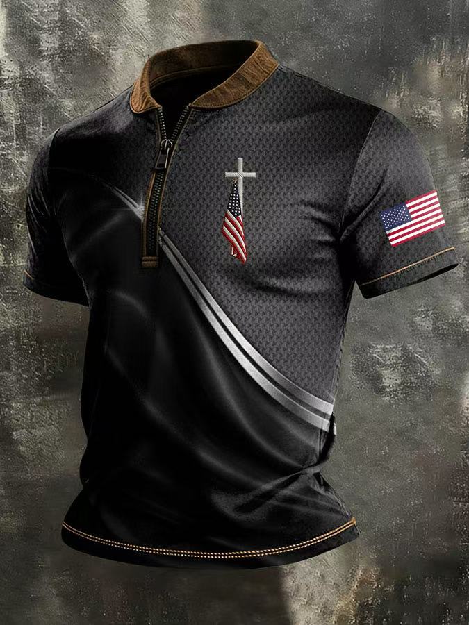 Men's Independence Day Printed Zipper Collar Top